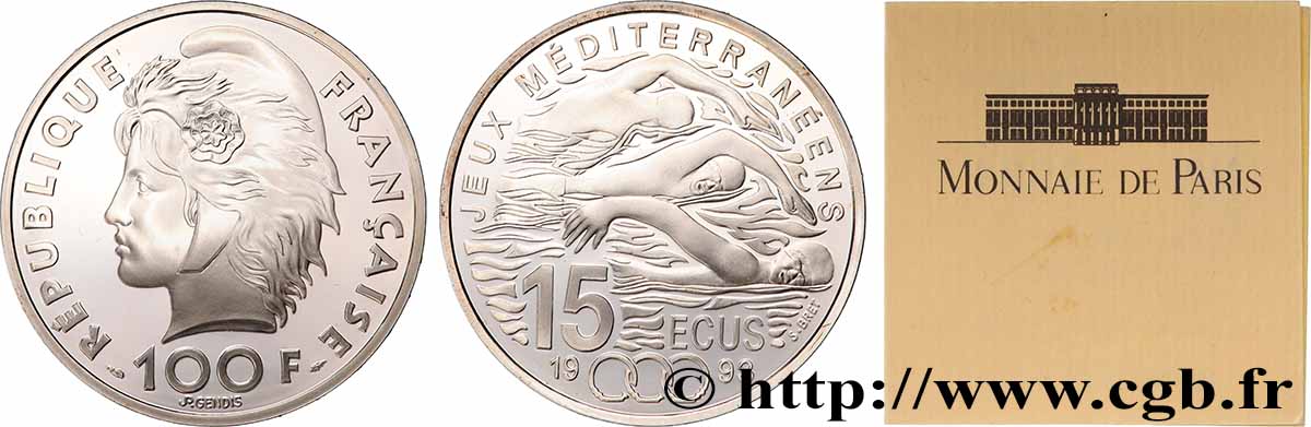 Belle Épreuve 15 écus / 100 francs - Natation 1993 Paris F5.2004 1 MS 
