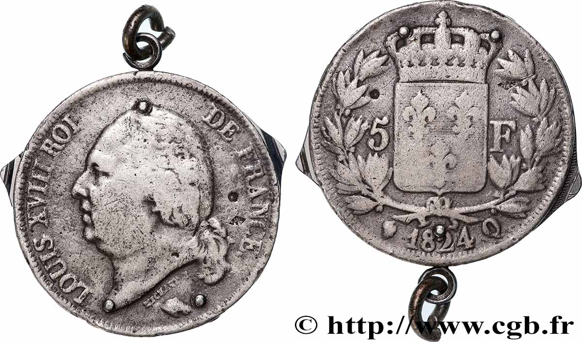 5 francs Louis XVIII, tête nue, transformé en porte-clé avec lime à ongle, couteau et paire de ciseaux 1824 Perpignan F.309/97 var. VF 