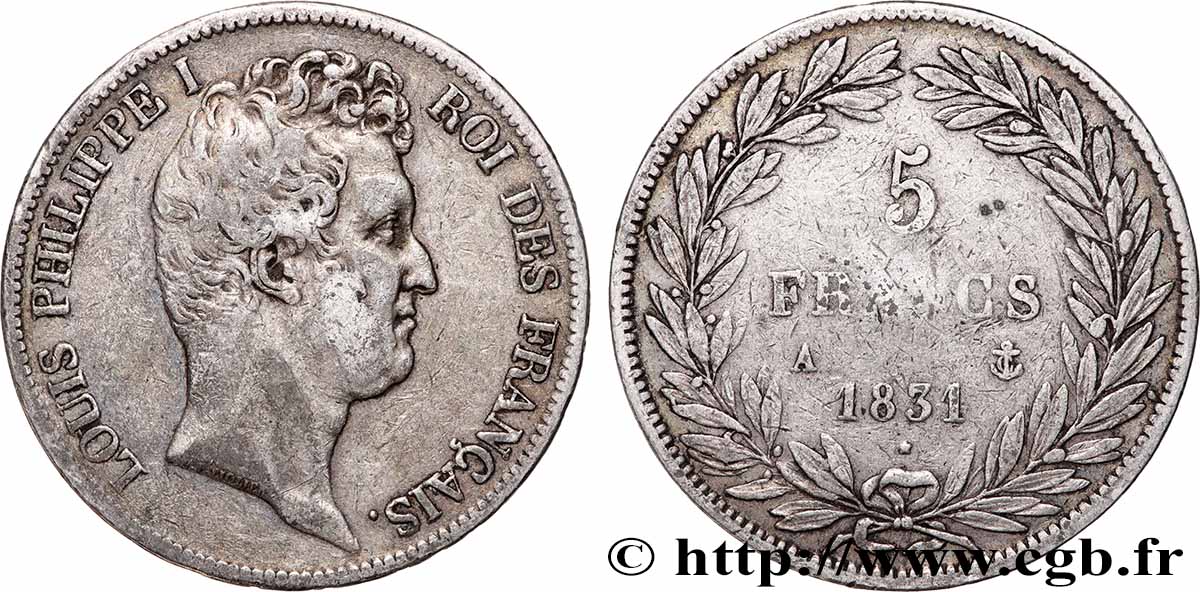 5 francs type Tiolier avec le I, tranche en creux 1831 Paris F.315/14 VF 