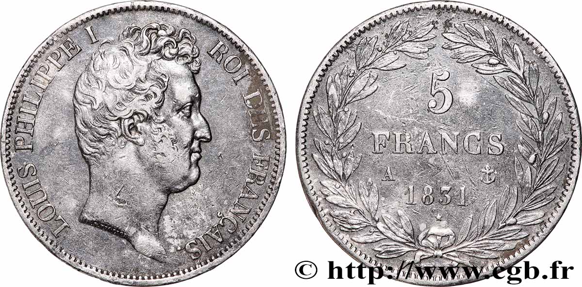 5 francs type Tiolier avec le I, tranche en creux 1831 Paris F.315/14 VF 