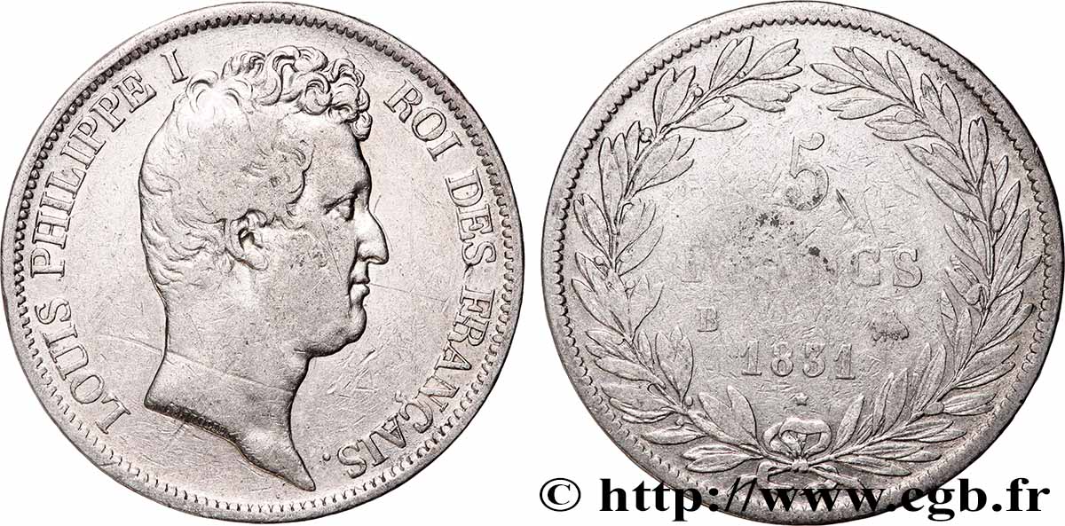 5 francs type Tiolier avec le I, tranche en relief 1831 Rouen F.316/3 VF 