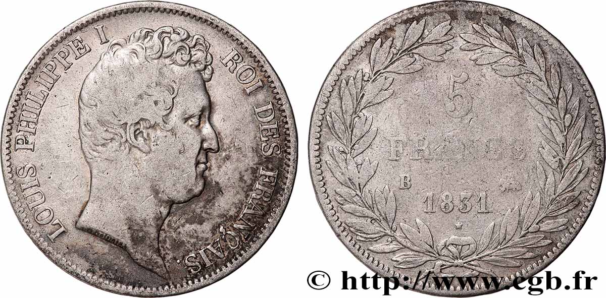 5 francs type Tiolier avec le I, tranche en relief 1831 Rouen F.316/3 VF 