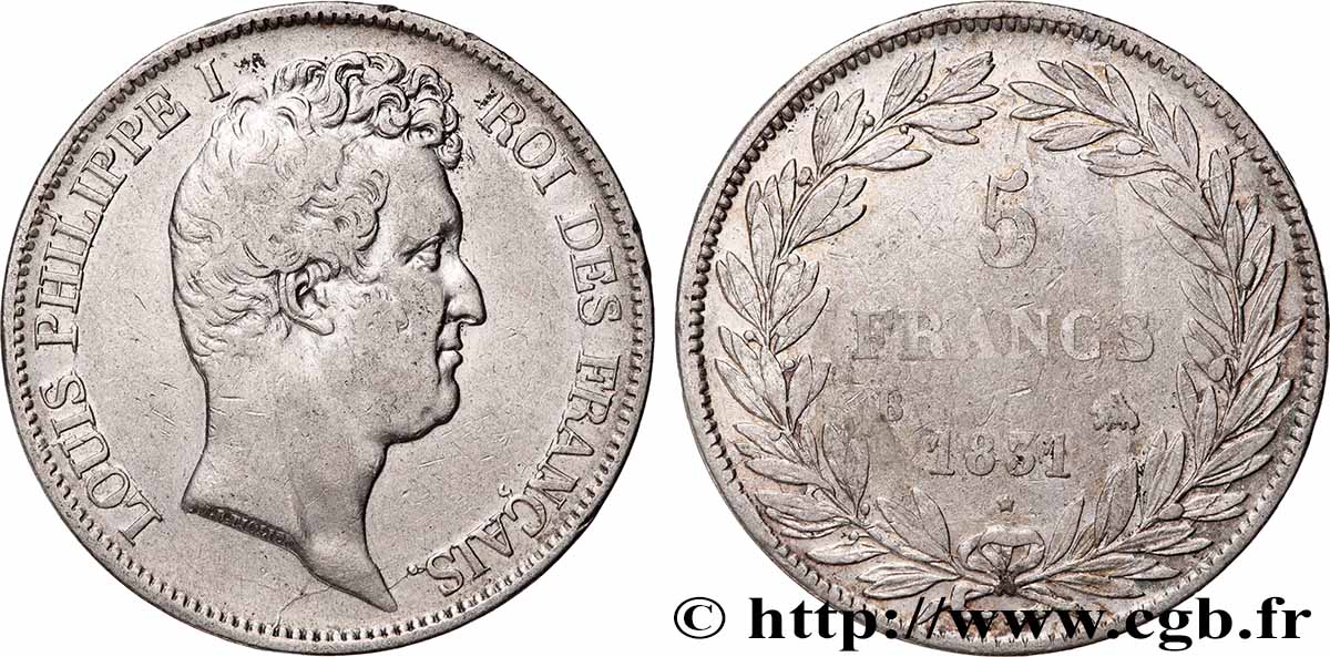 5 francs type Tiolier avec le I, tranche en creux 1831 Rouen F.315/15 VF 