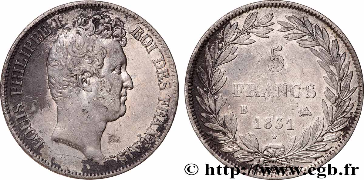 5 francs type Tiolier avec le I, tranche en creux 1831 Rouen F.315/15 VF 