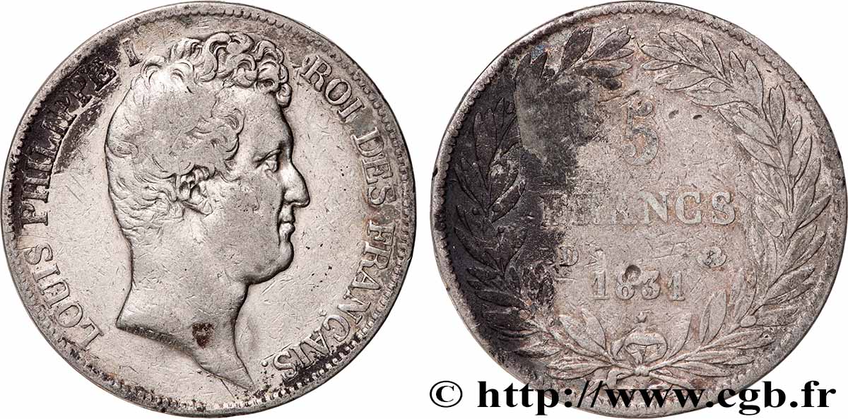 5 francs type Tiolier avec le I, tranche en creux 1831 Lyon F.315/17 VF 