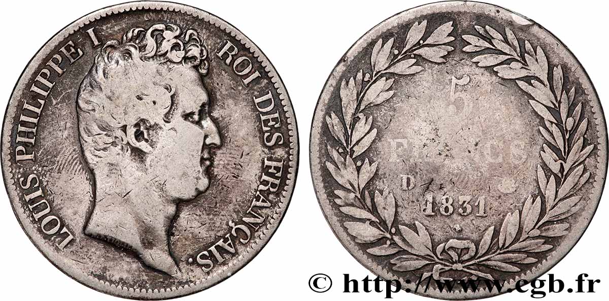 5 francs type Tiolier avec le I, tranche en creux 1831 Lyon F.315/17 VF 