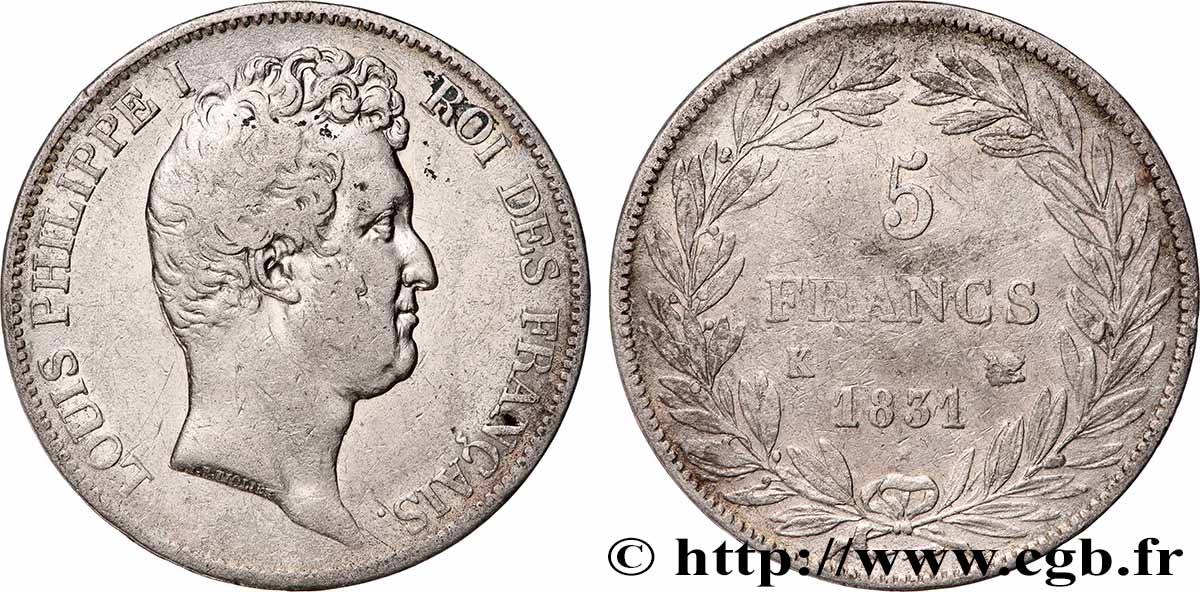 5 francs type Tiolier avec le I, tranche en creux 1831 Bordeaux F.315/20 VF 