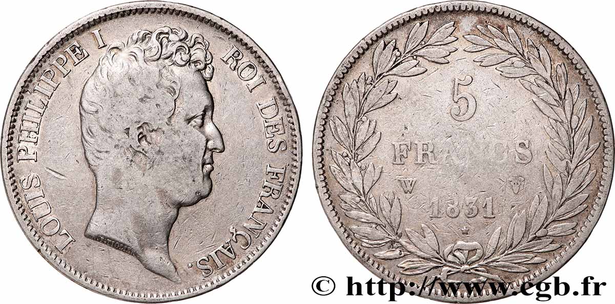 5 francs type Tiolier avec le I, tranche en creux 1831 Lille F.315/27 VF 