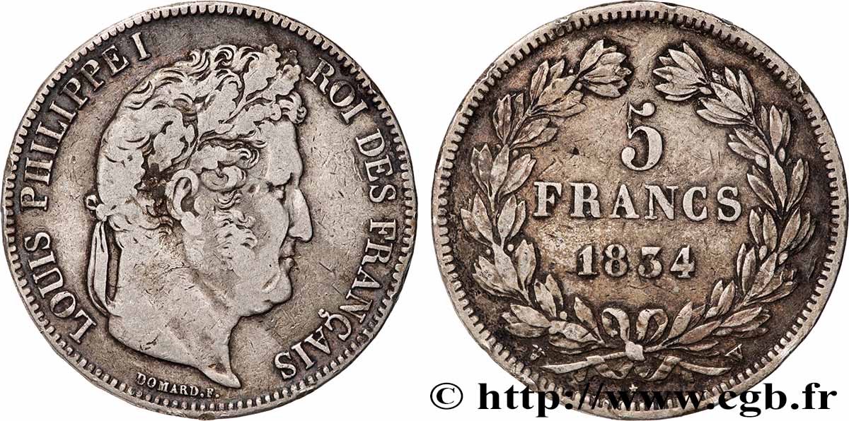 5 francs IIe type Domard 1834 Lille F.324/41 TB 