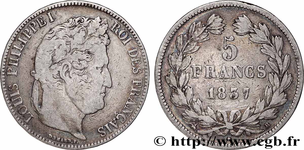 5 francs IIe type Domard 1837 Rouen F.324/62 VF 