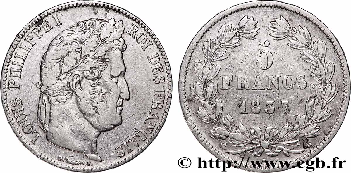 5 francs IIe type Domard 1837 Rouen F.324/62 TB+ 