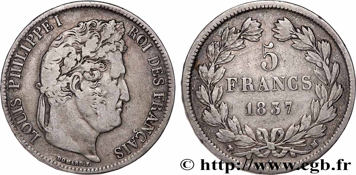 5 francs IIe type Domard 1837 Marseille F.324/66 VF 