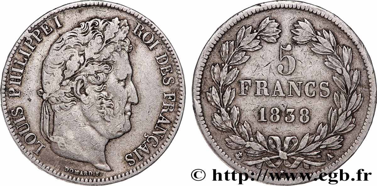 5 francs IIe type Domard 1838 Paris F.324/68 XF 