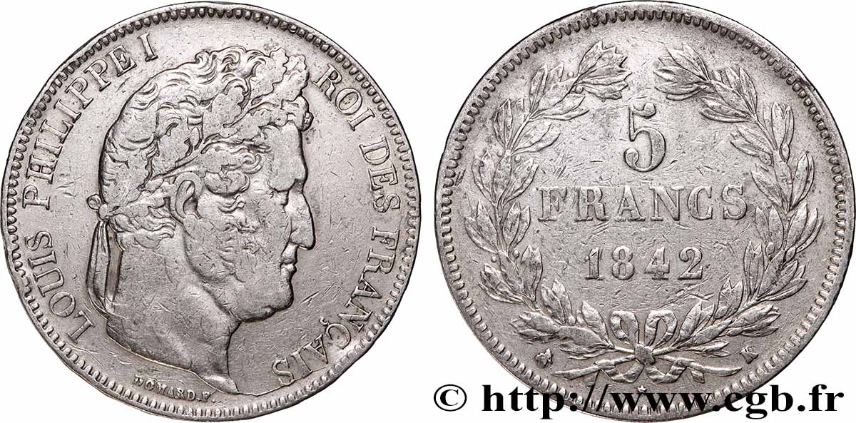 5 francs IIe type Domard 1842 Bordeaux F.324/98 TB+ 