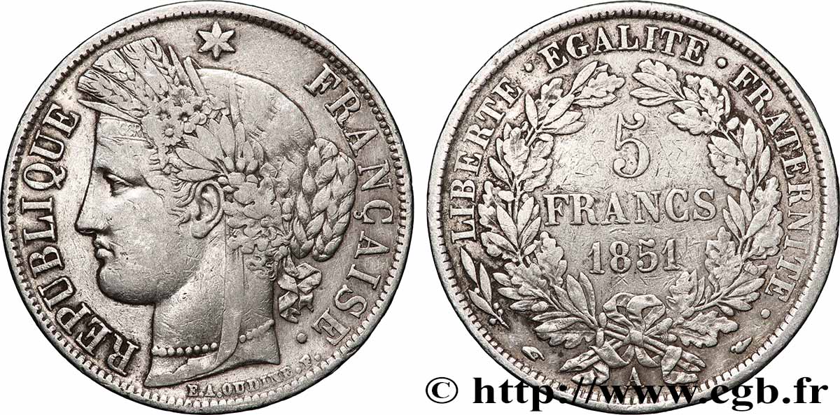 5 francs Cérès, IIe République 1851 Paris F.327/7 VF 
