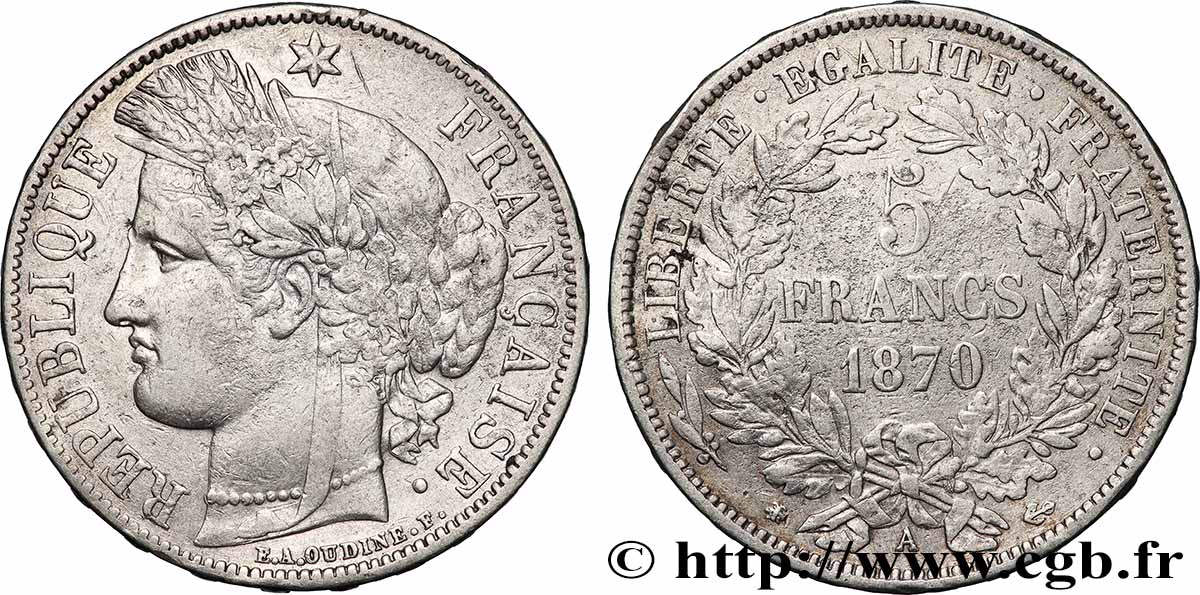 5 francs Cérès, avec légende 1870 Paris F.333/1 TB+ 