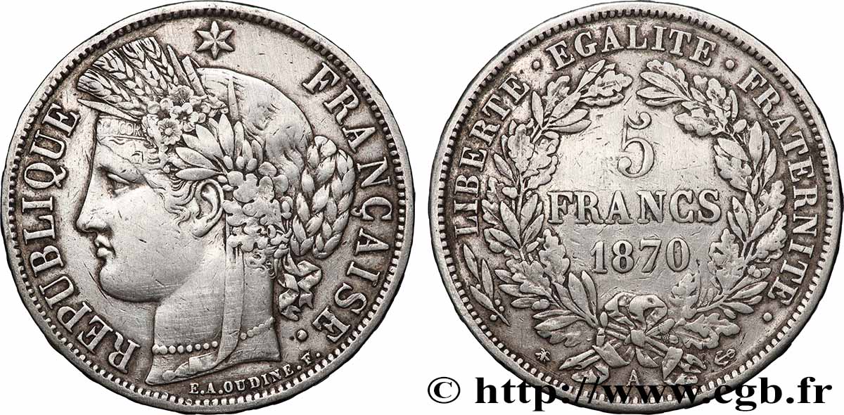 5 francs Cérès, avec légende 1870 Paris F.333/1 TB+ 