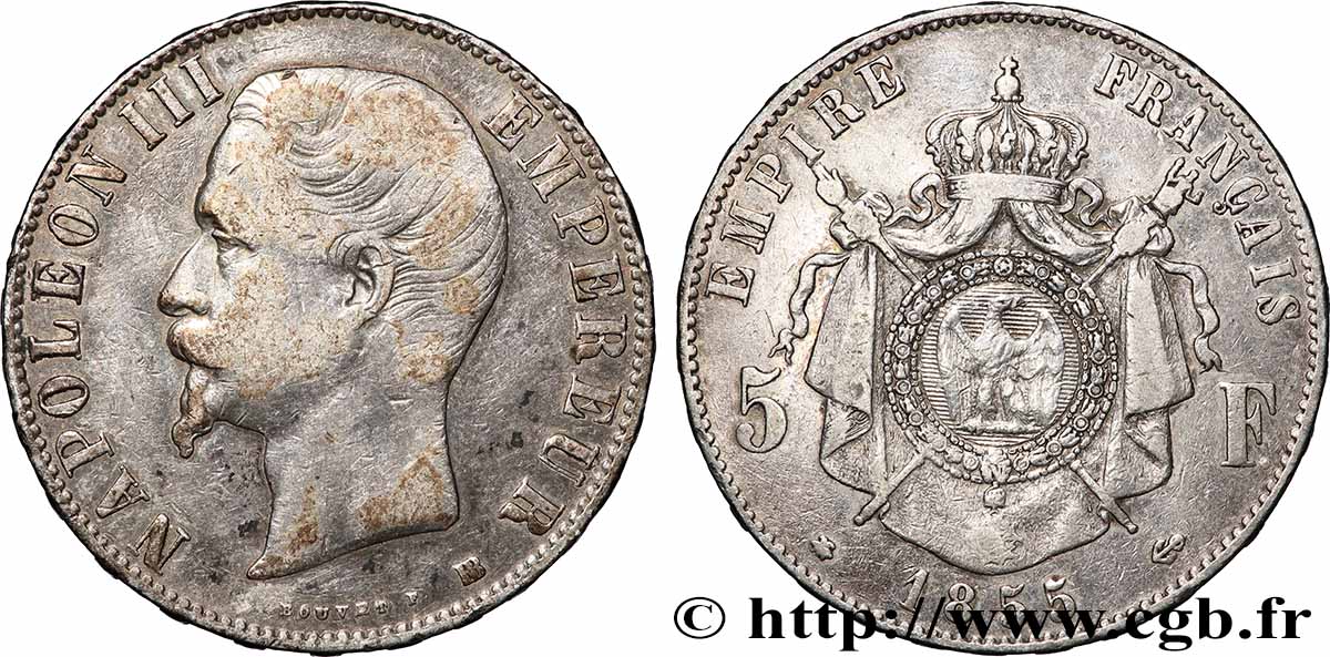 5 francs Napoléon III, tête nue 1855 Strasbourg F.330/4 VF 