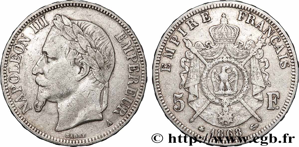 5 francs Napoléon III, tête laurée 1868 Paris F.331/12 TB 