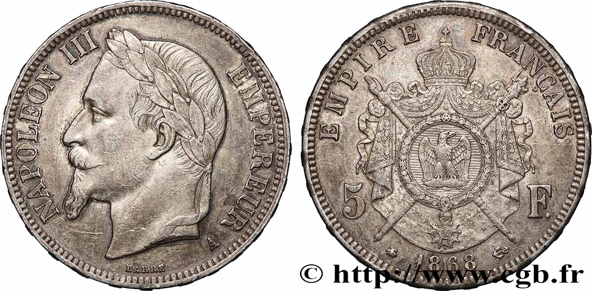 5 francs Napoléon III, tête laurée 1868 Paris F.331/12 XF 