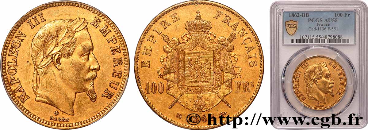 100 francs or Napoléon III tête laurée 1862 Strasbourg F.551/2 AU55 PCGS