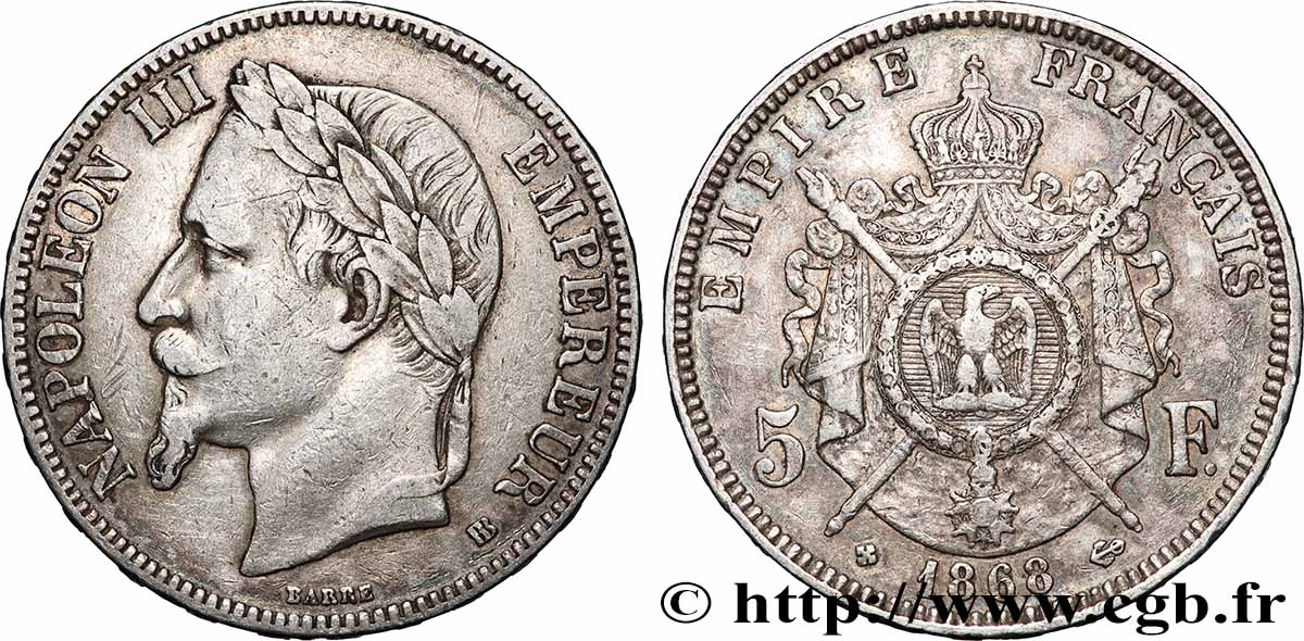 5 francs Napoléon III, tête laurée 1868 Strasbourg F.331/13 VF 