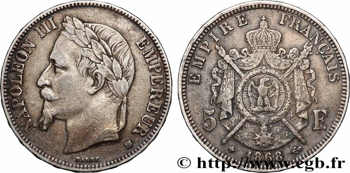 5 francs Napoléon III, tête laurée 1868 Strasbourg F.331/13 VF 
