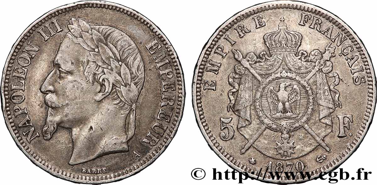 5 francs Napoléon III, tête laurée 1870 Paris F.331/16 VF 
