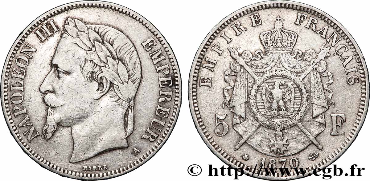 5 francs Napoléon III, tête laurée 1870 Paris F.331/16 VF 