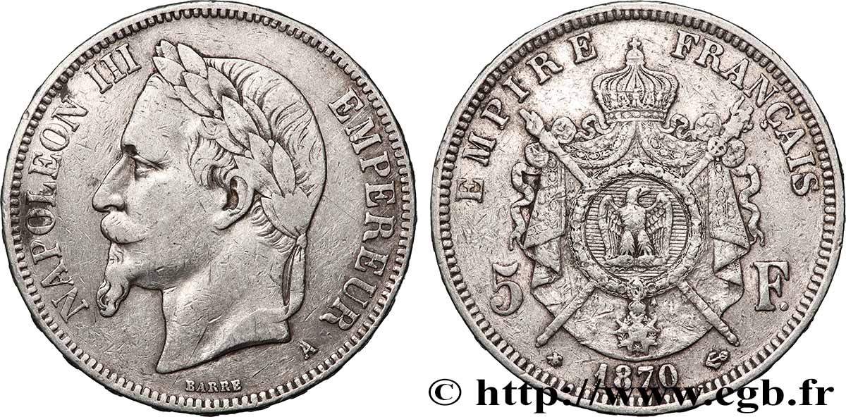 5 francs Napoléon III, tête laurée 1870 Paris F.331/16 q.BB 