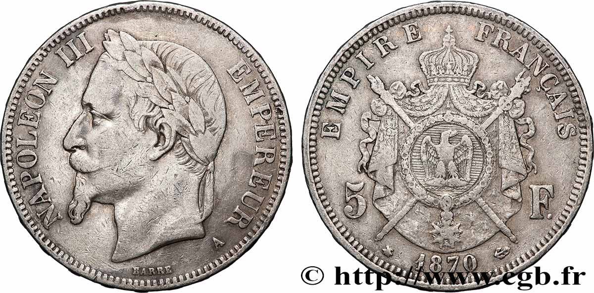 5 francs Napoléon III, tête laurée 1870 Paris F.331/16 TB+ 