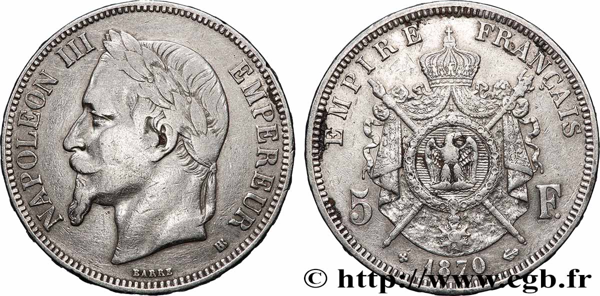 5 francs Napoléon III, tête laurée 1870 Strasbourg F.331/17 TB 