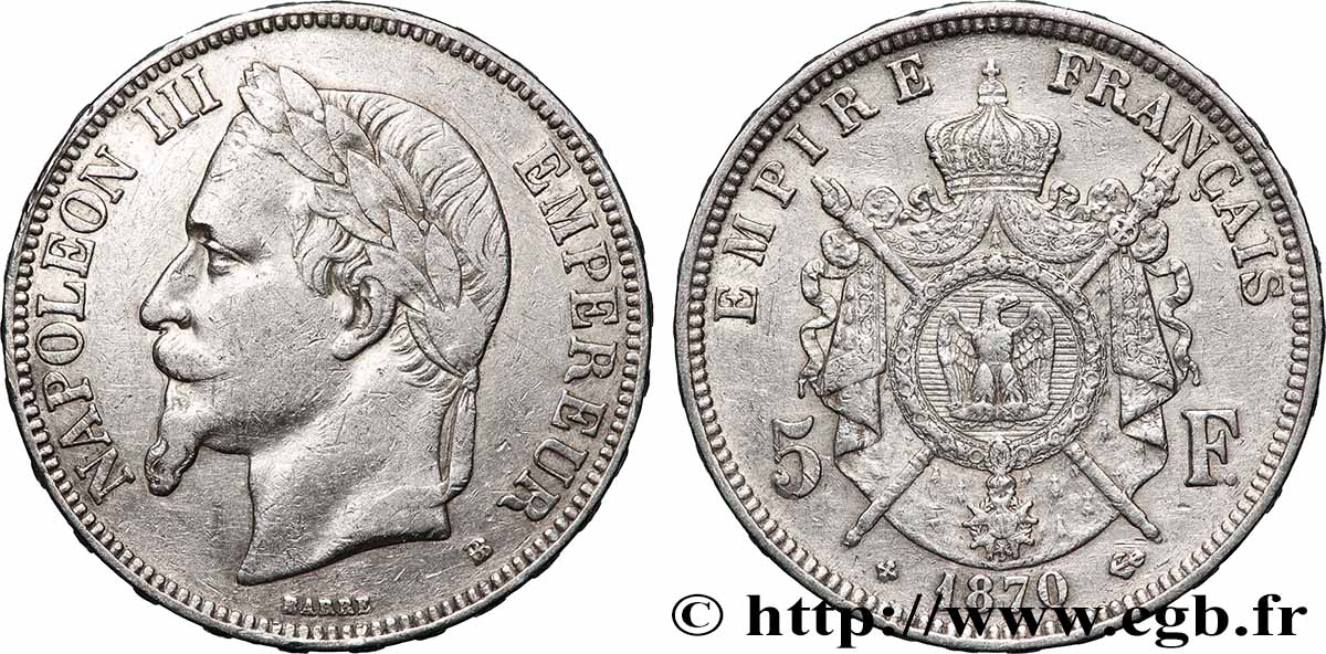 5 francs Napoléon III, tête laurée 1870 Strasbourg F.331/17 VF 