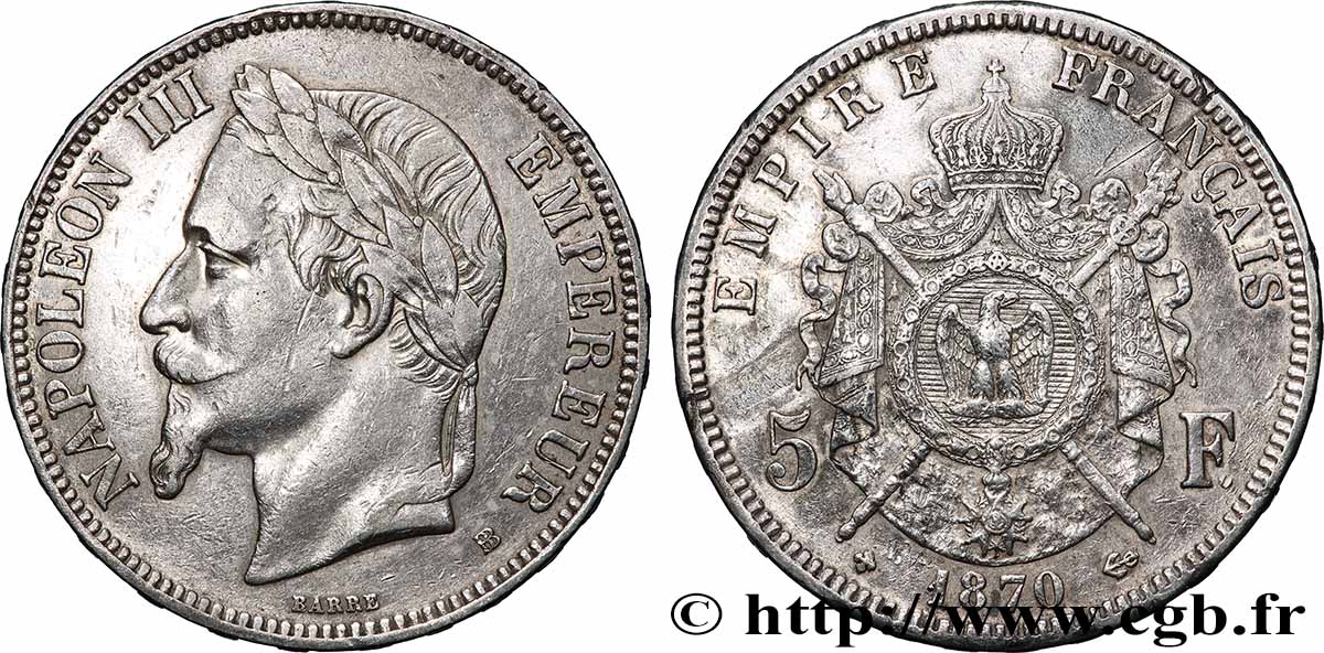 5 francs Napoléon III, tête laurée 1870 Strasbourg F.331/17 XF 