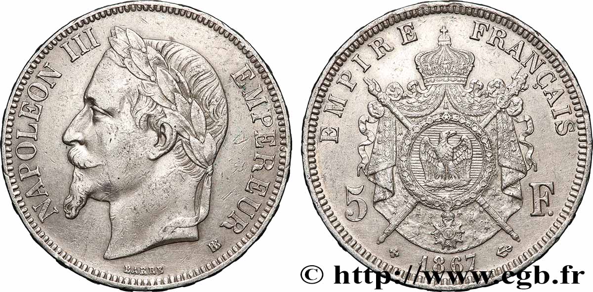 5 francs Napoléon III, tête laurée 1867 Strasbourg F.331/11 XF 