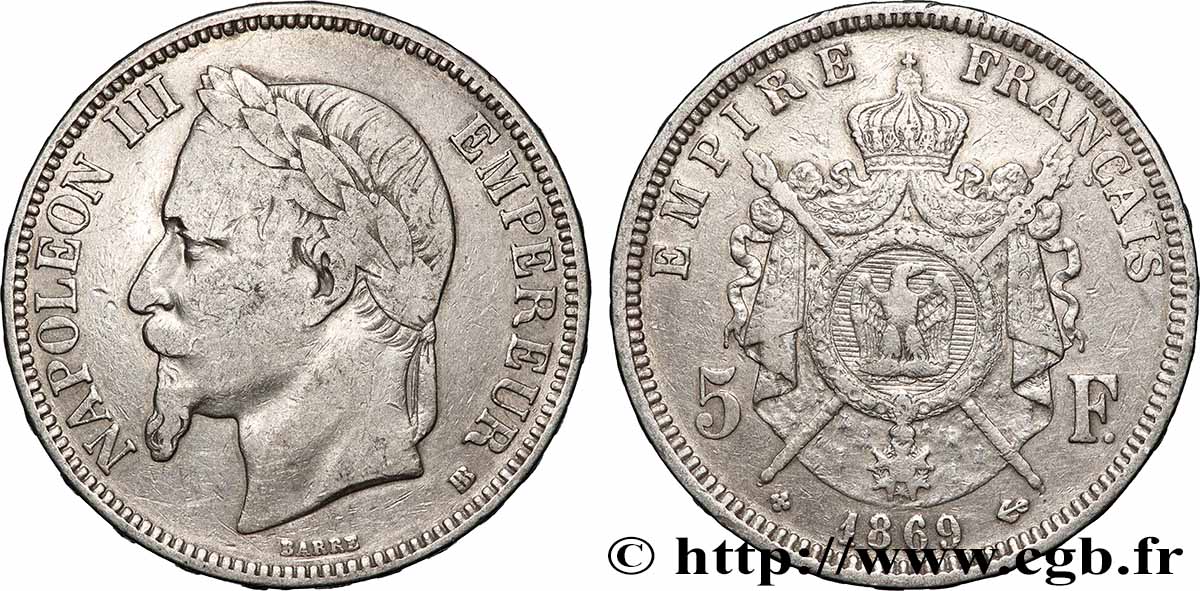 5 francs Napoléon III, tête laurée 1869 Strasbourg F.331/15 VF 