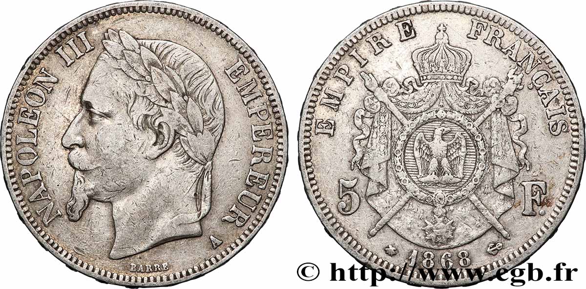 5 francs Napoléon III, tête laurée 1868 Paris F.331/12 VF 