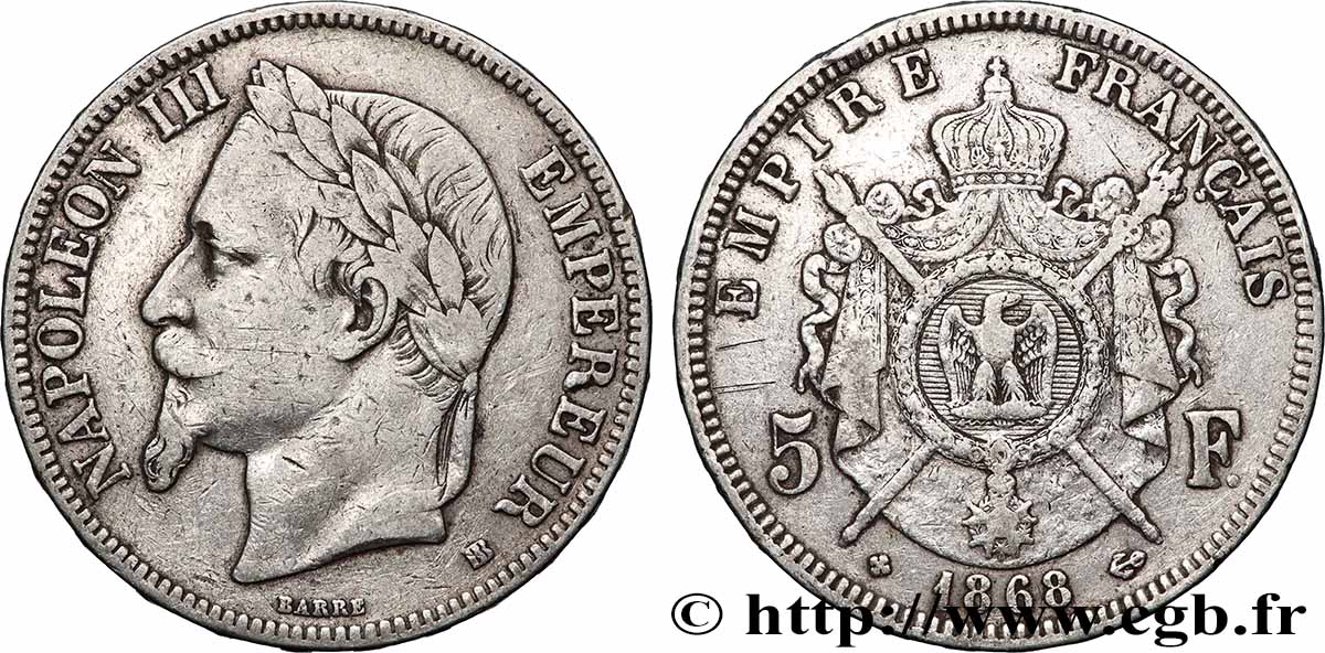 5 francs Napoléon III, tête laurée 1868 Strasbourg F.331/13 VF 