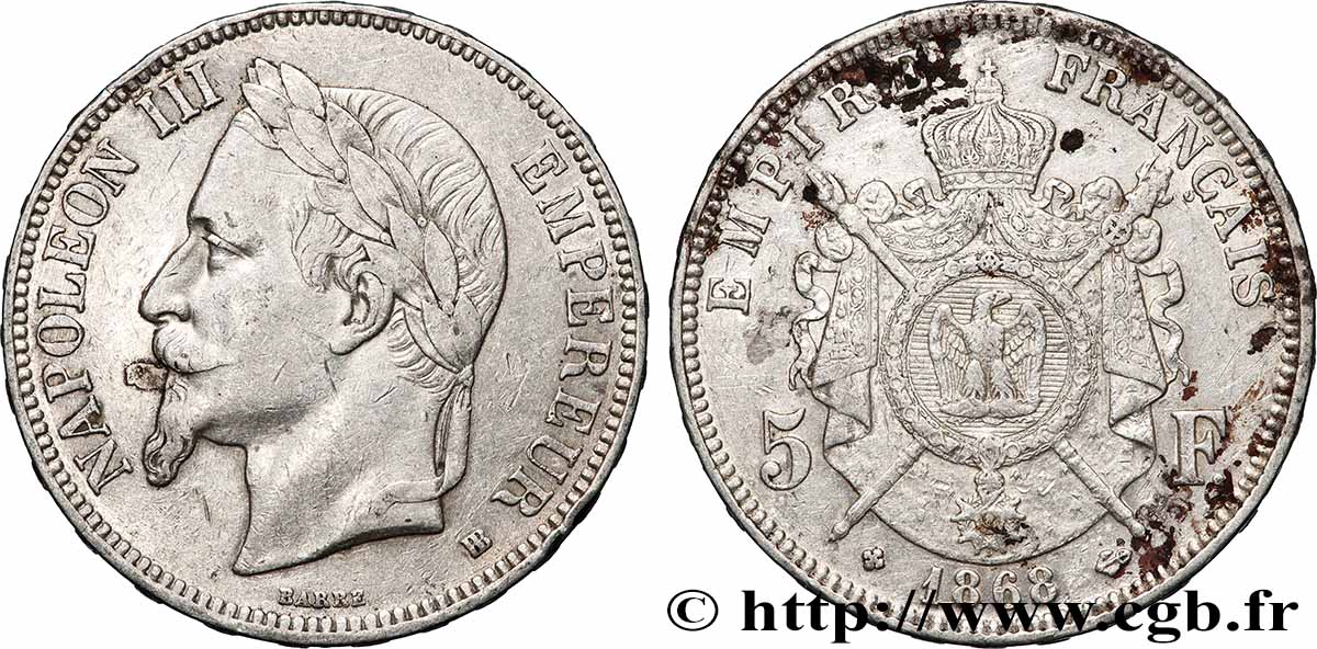 5 francs Napoléon III, tête laurée 1868 Strasbourg F.331/13 XF 