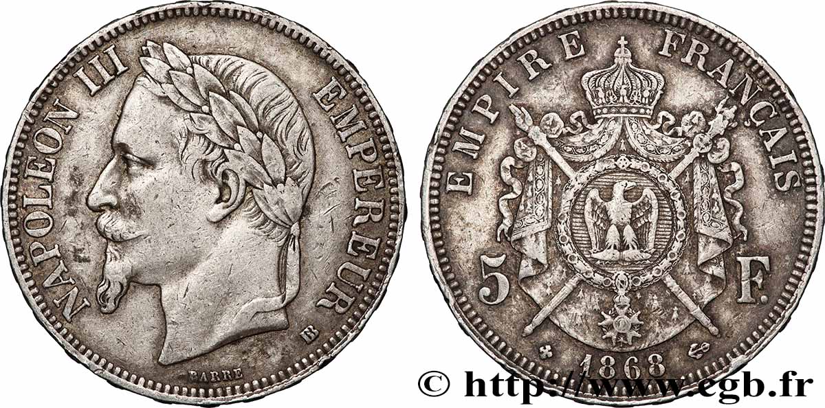 5 francs Napoléon III, tête laurée 1868 Strasbourg F.331/13 XF 