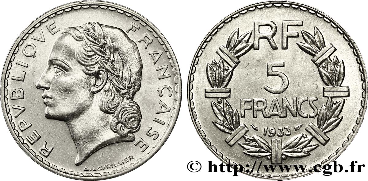 5 francs Lavrillier, nickel 1933  F.336/2 VZ55 