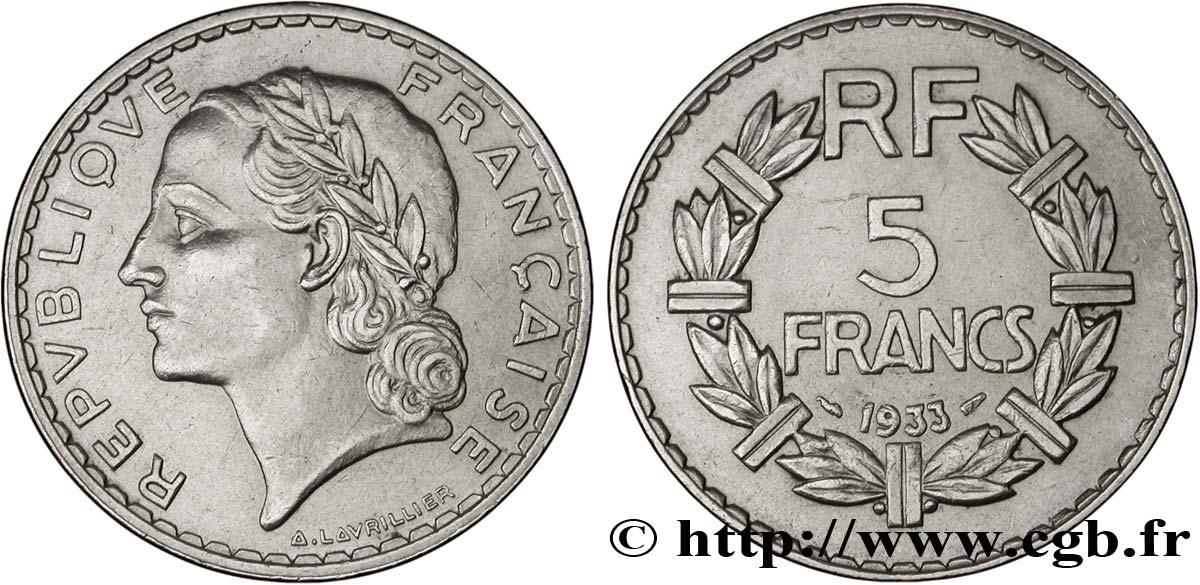 5 francs Lavrillier, nickel 1933  F.336/2 TTB53 