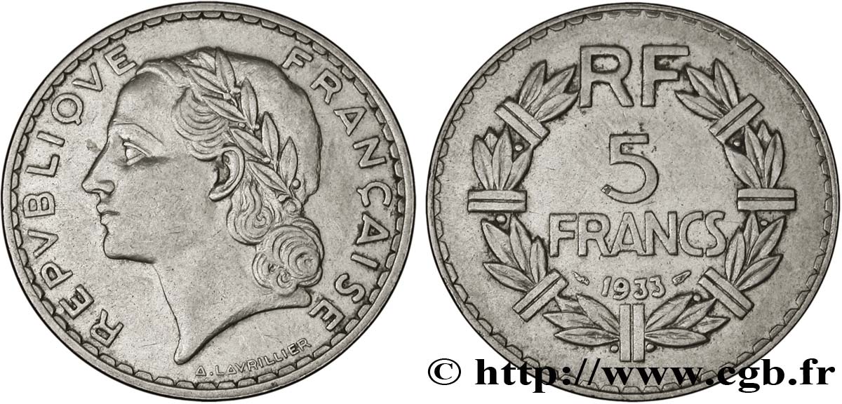 5 francs Lavrillier, nickel 1933  F.336/2 AU50 