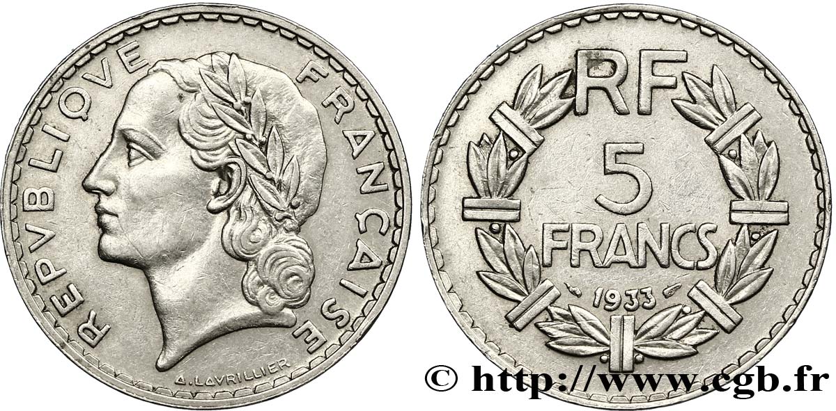 5 francs Lavrillier, nickel 1933  F.336/2 TTB45 