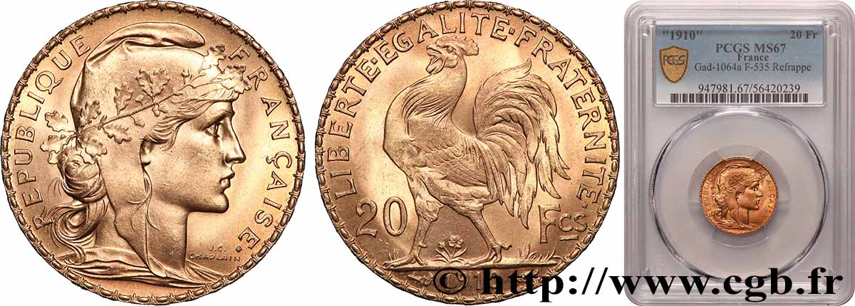 20 francs or Coq, Liberté Égalité Fraternité - Refrappe 1910 Paris F.535/4 var. MS67 PCGS