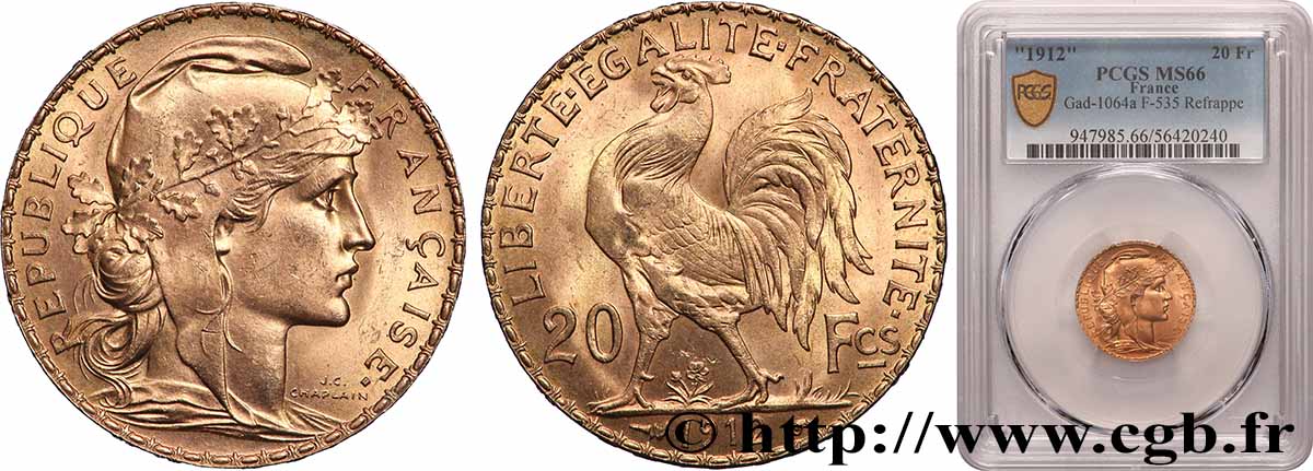 20 francs or Coq, Liberté Égalité Fraternité - Refrappe 1912 Paris F.535/6 var. ST66 PCGS