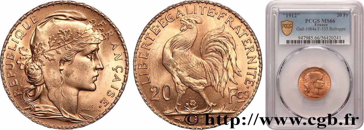 20 francs or Coq, Liberté Égalité Fraternité - Refrappe 1912 Paris F.535/6 var. MS66 PCGS