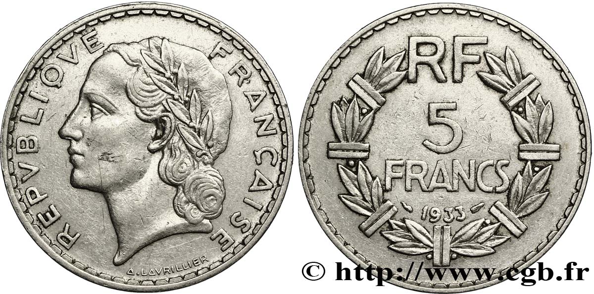 5 francs Lavrillier, nickel 1933  F.336/2 XF40 