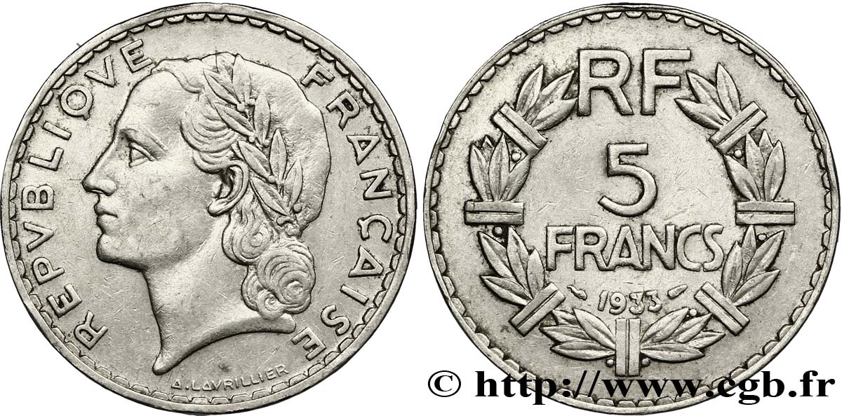 5 francs Lavrillier, nickel 1933  F.336/2 TB35 