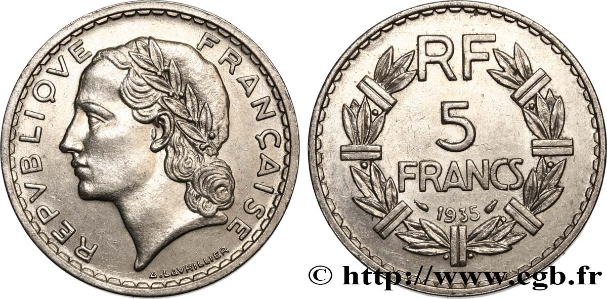 5 francs Lavrillier, nickel 1935  F.336/4 VZ55 